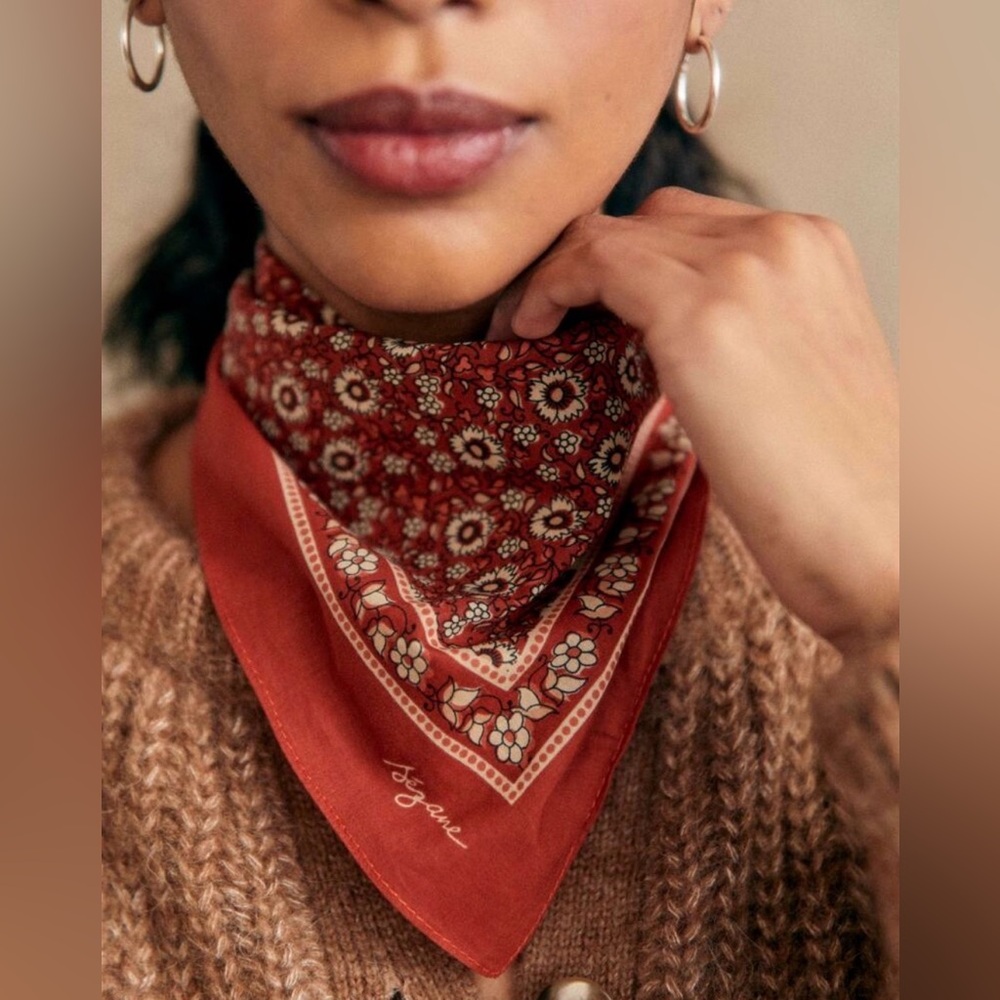 NEW Sézane Gaston Scarf Terracotta Floral Organic Cotton Square Foulard Bandana
